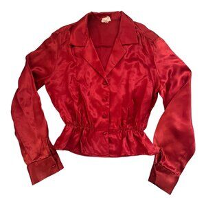 Vtg The Branch (Div of Joshua Tree) Red Satin Peplum Long Sleeve Button-Up Top